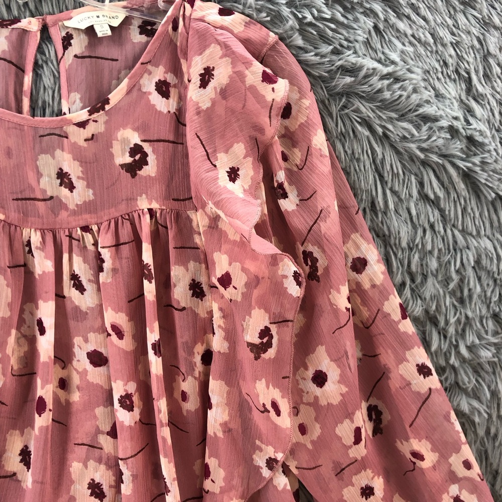 Lucky Brand Blouse Womens Small Floral Balloon Sleeves Ruffle Edge Pink Keyhole - Picture 5 of 13